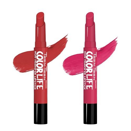 Image of TEEN TEEN Color Life Nontransfer Crayon Lipstick |Matte Finish with Built-in Primer |Waterproof & Long Lasting Lip Color |Smudge-Proof, Fade-Resistant Formula |Combo Color (Ruby Red, Rose Pink)