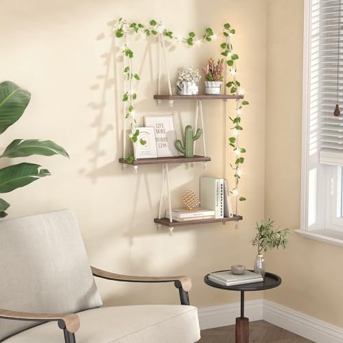 Rustic Boho Hanging Shelves with Vine Lights – Wall Decor Accent - Image 2