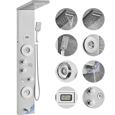 Happybuy 5 in1 Shower Panel Tower System Stainless Steel Multi-Function Shower Panel with Spout Rainfall Waterfall Massage Jets Tub Spout Hand Shower for Home Hotel Resort Split Type