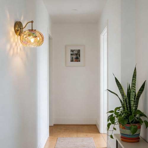 Image of Gold Wall Sconce Light Amber Hammered Glass Vanity Lighting Brushed Brass Champagne Wall Lamp for Bathroom Over Mirror