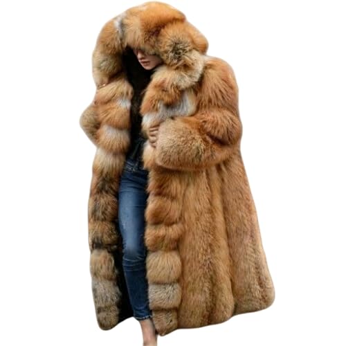 Generisch Pelzmantel Damen Lang Kunstpelz Trechcoat mit Kapuze Einfarbig Modische Fellmantel Übergangsmantel Warm Outdoor Windbreaker Windjacke Flauschig PlüSchjacke Frauen Pelzjacke