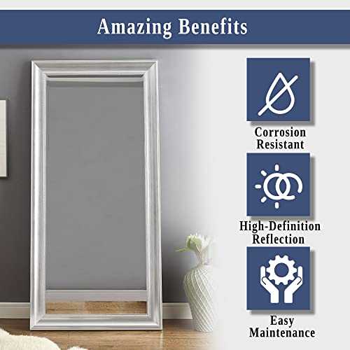 Naomi Home Beaded Framed Leaner Huge Floor Mirror Silver Floor Mirror Full Length Xl Mirror Huge Mirrors For Bedroom Large Wooden Frame Oversize Mirrors For Floor Xl Floor Mirror Silver, 66"X32" #TOP5