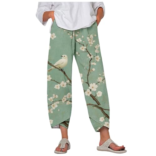 Womens Cotton Linen Pants Capri Wide Leg Pants with Pockets Flowy Floral Boho Chinese Art Trousers Summer