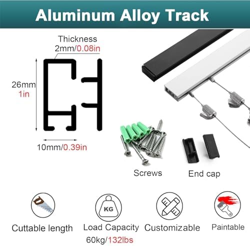 Adjustable Wall-Mounted Art Hanging System, Heavy Duty Aluminum Display Rail with 2m Steel Cables & 6 Hooks for Pictures, Photos & Artwork - Perfect for Home Gallery