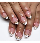 3D Gold Curve Line Press on Nails White French Tips Acrylic Fake Nails Medium Almond Glossy Gold ...