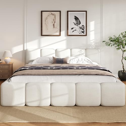 Merax King Size Boucle Platform Bed with Thick Headboard and Footboard Block Style Upholstery Floor Bed Frame White