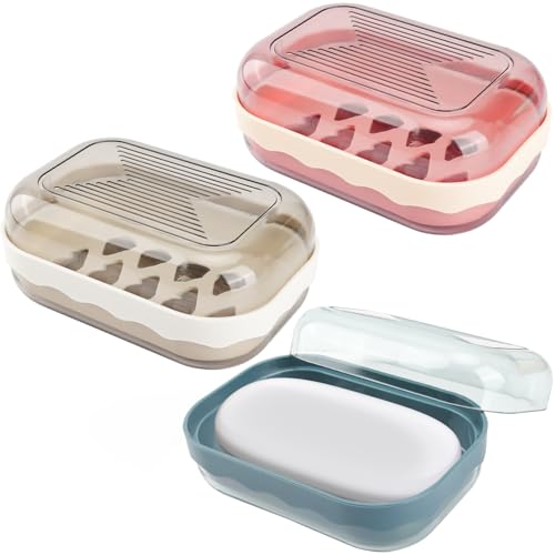 Bomtop 3 Pièces Porte-Savons Voyage Boîte à Savons Portable, Boîtes à Savon Étanches et Scellé pour Voyage, Maison, Salle de Bain, Camping (Bleu, Gris-Blanc, Rose)