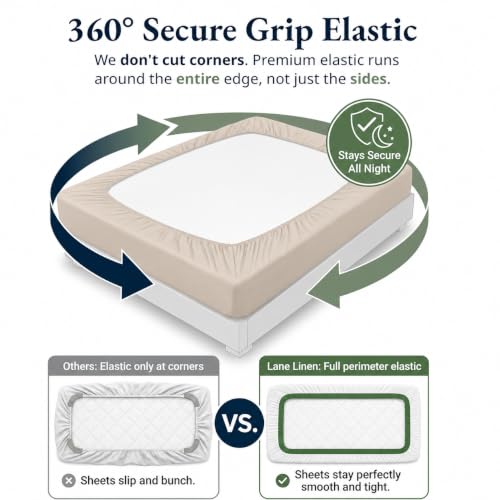 Image of LANE LINEN 100% Organic Cotton Fitted Bedsheet for Double Bed - Ivory | GOTS Certified, Percale Weave, 78x60 inches, Fits Upto 12 inch Mattress, Soft, Breathable, Washable, 2 Pillow Covers