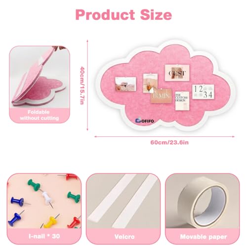 Image of Cute Cloud Felt Bulletin Board for Wall, Self-Adhesive Pin Board with 30 Pushpins, Message Display Board for Notes Photos Office Home Decor (Pink)