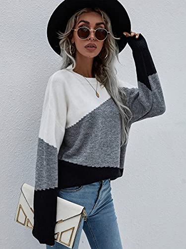 Image of ECOWISH Women Sweater Long Sleeve Color Block Knit Pullover Sweaters Crew Neck Patchwork Casual Loose Jumper Tops