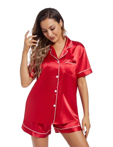 Image of Fivali Women Silk Satin Pajamas Set: Soft Short Sleeve 2 piece Pjs Ladies Button-down Pj Sets Silky Women's Sleepwear