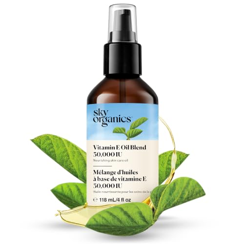 Sky Organics Vitamin E Oil Blend for Face, Organic Antioxidant Facial Oil, 36,000 IUs to Deliver Reparative Moisture and Soothe Dry, Damaged Skin, 100% Pure & Cold-Pressed, 3.97 fl oz, 117 ml