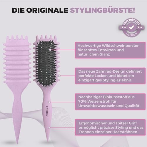 FABIHA® 𝐏𝐑𝐄𝐌𝐈𝐔𝐌 Lockenbürste - Curly Hair Brush - Bio Haarbürste ohne ziepen - Wildschweinborsten Bürste - Die Originale… – Ansicht 2
