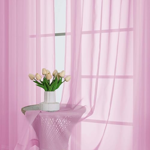 Image of OWENIE Sheer Pink Curtains, Sheer Curtains 63 inch Length 2 Panels Set, Rod Pocket Voile Fimly Sheer Drapes for Living Room Bedroom, 2pcs, Pink, Each 59 inch W x 63 inch L