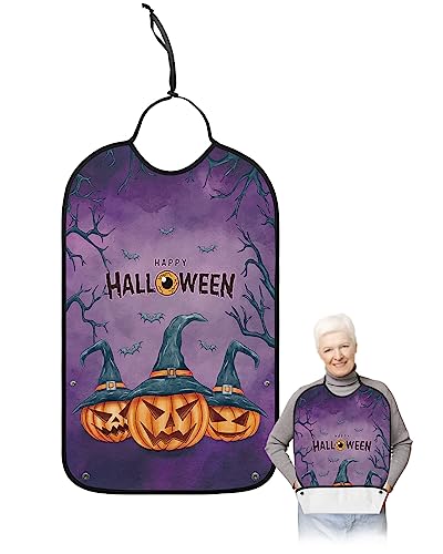 LEOKOTI Halloween Adult Bibs for Eating, Waterproof Bibs with Food Catcher & Adjustable Snap Closure, Purple Ombre Horror Pumpkin Bat Washable Clothing Protectors Adult Bibs for Elderly Women/Men