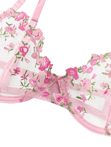 Image of Lilosy Sexy Floral Embroidered Mesh Sheer Underwire Lingerie Set