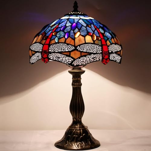 Image of WERFACTORY Tiffany Lamp Blue Red Stained Glass Table Lamp 12X12X18 Inches Dragonfly Style Desk Reading Light S688 Series