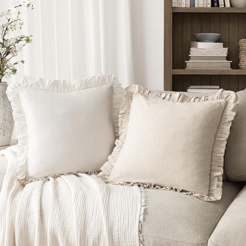 Image of Foindtower Set of 2 Decorative Soild Fringe Ruffle Throw Pillow Covers Soft Boho Farmhouse Cushion Cover Cozy Accent Retro Pillowcase for Couch Sofa Bed Living Room Home Decor,22x22 Inch,White