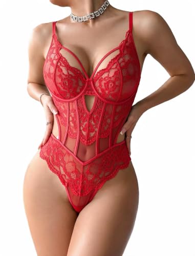 Image of Avidlove Sexy Lingerie for Women Lace Bodysuit Cut Out Snap Crotch Teddy | Seductive floral lace teddy, adjustable straps, scalloped edge, side cutouts, romantic date night wear