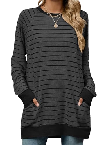 YUTILA Damen Sweatshirt Pullover Gestreiftes Rundhalsausschnitt Longshirt...