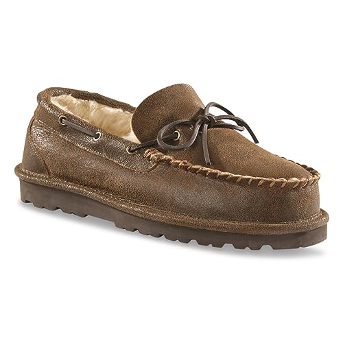 Guide Gear Double-Face Shearling Mens Moccasin Slippers, Leather, Fur-Lined Warm, Slip-On, Pull-On Lounge Shoes, Bedroom House Slippers, Indoor and Outdoor