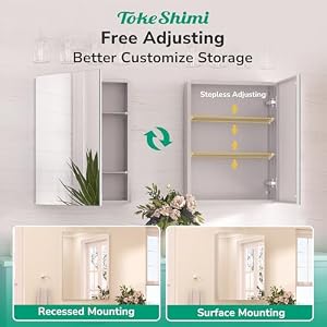 TokeShimi 16×26 Farmhouse Medicine Cabinet Recessed or Surface Mount Aluminum Tempered Mirror with Adjustable Storage Silver Bathroom Mirror Medicine Cabinet Frameless Metal Modern