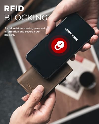 Image of VULKIT Minimalist Card Holder Wallet Premium Pull-Up Leather Pop Up Cards RFID Protection Holds Up to 10 Cards, Magnetic Closure