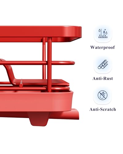 Kitsure Dish Drying Rack for Kitchen Counter, Stainless Steel Sink Organization and Storage Essentials with Cutlery Holder, Home and Appartment Decor, 12''W x 15.5''L, Red