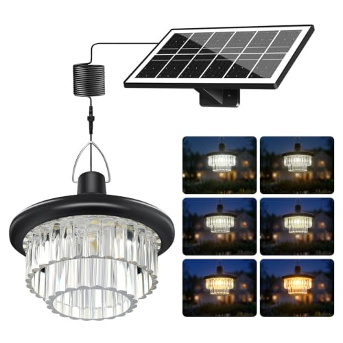 Image of Neoglint Solar Pendant Light Outdoor 222 LED IP65 Split Design Dimmable | Crystal-like design, 6 Color Temperatures 2700K-6500K, 16.4ft Cable for Gazebo, Galcony, Shed and Patio