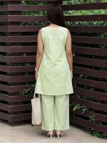 Image of ANNI Designer Kurta Set for Women Cotton Blend Embroidered | Kurti Set for Woman | Farshi Salwar Suit Kurta Palazzo Outfit | Round Neck V Slit Sleeveless Regular Fit Ethnic Dress Stylish Clothing