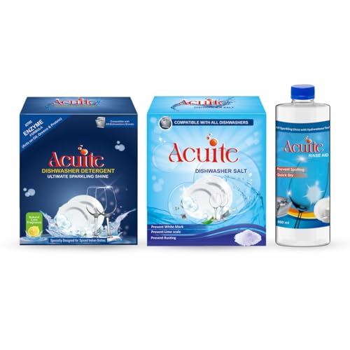 Acuite Dishwasher Detergent 1Kg + Dishwasher Salt 1Kg + Rinse Aid 500ml | Ultimate Combo for Sparkling Dishes |Suitable for All Dishwashers