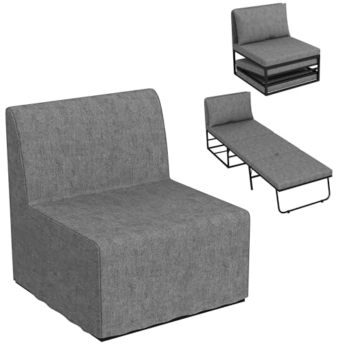 HOMCOM Fauteuil Convertible 1 Place chauffeuse 2 en 1 Fauteuil lit Pliant avec Coussin et Housse Anti-poussière, Cadre en métal, canapé-lit 1 Place pour...