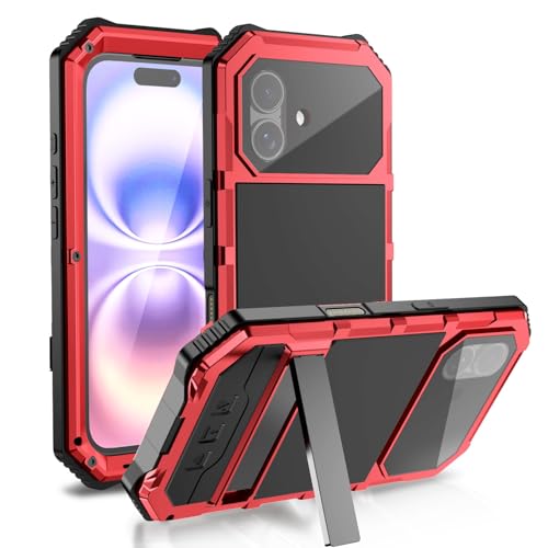 Coque iPhone 17 rouge en métal complet avec support intégré en silicone rigide