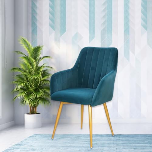 Image of Taboo Velvet Dining Chair Set of 6 | Upholstered Accent Arm Chairs | Soft Cushioned Seat with Backrest | Modern Velvet Fabric Chairs with Metal Legs | Living Room, Bedroom, Cafe & Restaurant | Blue