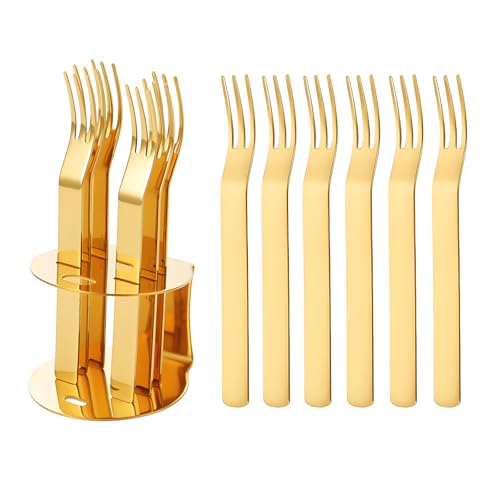 6 PCS fruit fork, with storage rack.fruit forks mini,mini forks for appetizers,forks stainless steel,toothpicks for appetizers,party toothpicks for appetizers (golden)