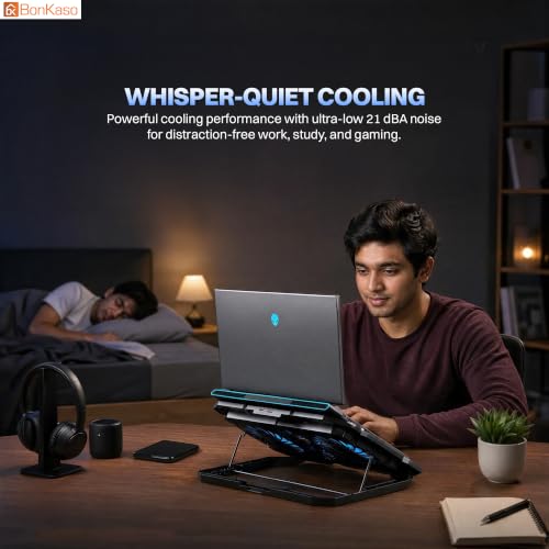 Image of Bonkaso Laptop Cooling Pad for Up to 17 Inch Laptops, 4 RGB Fans, 1900 RPM, Smart LCD Display, 2 /4 Fan Modes, 8-Level Height Adjustment, Dual USB Ports, Iron Mesh, 21 dBA, Black