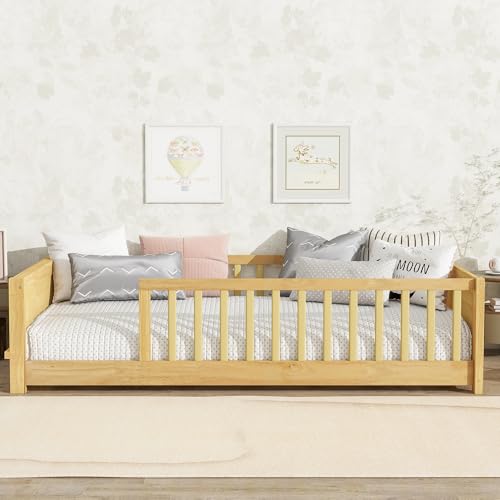 Image of Bellemave Twin Size Kids Montessori Floor Bed,Twin Floor Bed Frame with Slats and Bookcase,Solid Wood Montessori Bed for Girls Boys,Natural