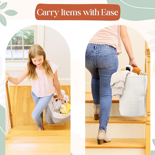 Treppenkorb für Teppich- und Holztreppen – Geschenk zum ersten Muttertag, Baumwollseil-Treppe mit Griffen, Aufbewahrungstreppen für Wäsche, Spielzeug, Kinderzimmer – Cremeweiß 40 cm L x 20 cm B x 40
