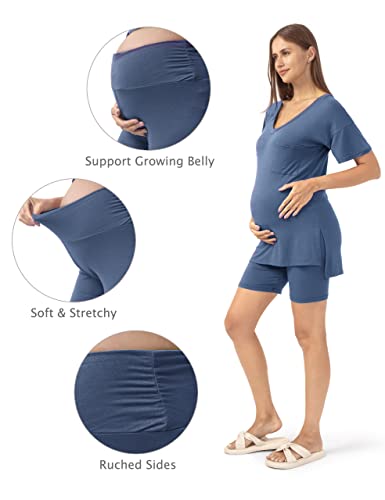 Sunnybuy Women's 2 Piece Maternity Outfits, Slit V Neck Top & Side Ruched Lounge Shorts Maternity Loungewear Sets, Navy S #TOP2