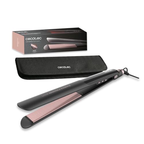 Cecotec Plancha de Pelo Estrecha - Cerámica - Lisse NanoSilk Essence Black. Revestimiento NanoSilk, Función HeatMax, 130-230ºC, Queratina y Aceite de Argán, Apagado Automático, Bolsa de Viaje