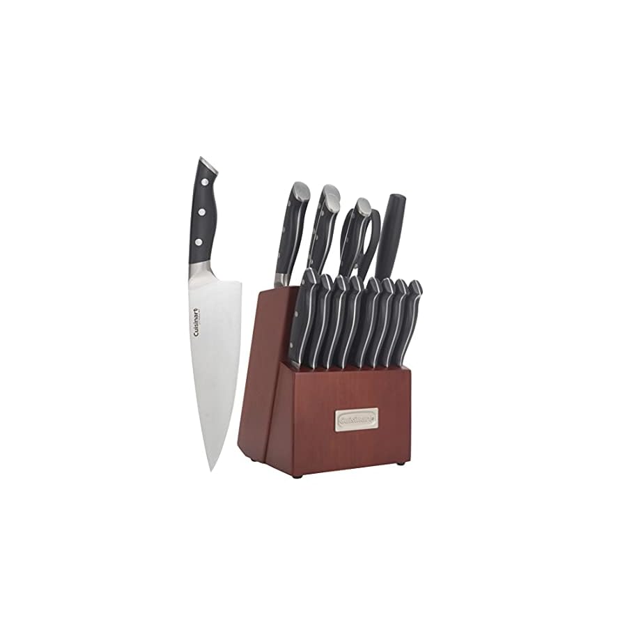 Cuisinart Kitchen Knife Set Nitrogen Forged Triple Rivet Cutlery 15-Piece Knife Block Set… (Cherry)