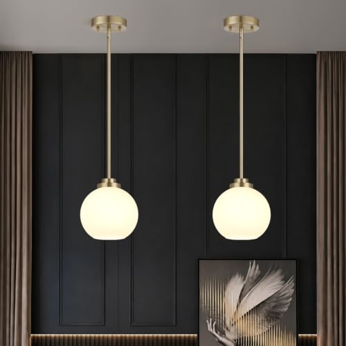 Image of 2 Pack Gold Globe Pendant Lights, Mid Century Brass Pendant Light Fixtures, Globe Pendant Lights Kitchen Island with Milk Glass Shade Adjustable Hanging Fixture for Dining Room (Bulbs not Included)