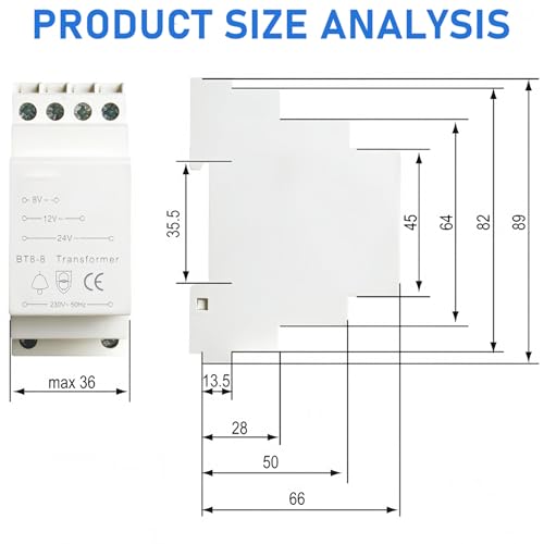 WIYETY Klingeltrafo Türklingel 8V 12V 24V: Transformator für Türklingel mit 8VA Maximalleistung, Niederspannungsausgänge, Passt auf Genormte Hutschiene (35 mm)