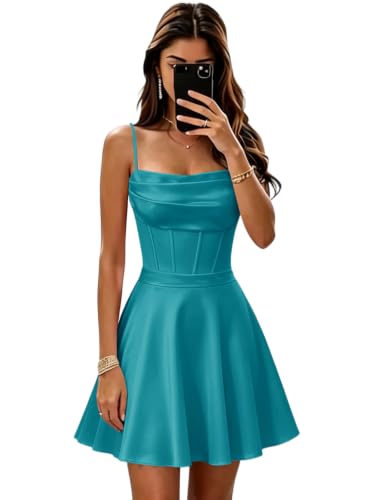 Morideal Corset Satin Homecoming Dresses Short Square Neck Aqua 4
