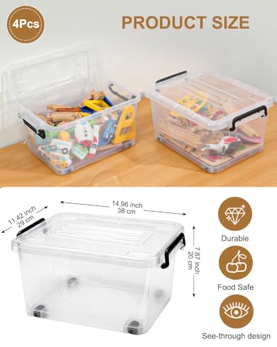 EOENVIVS 13L Storage Bins with Lids, 4 Pack Clear Storage Containers with Lids, Stackable Storage Boxes with Wheels, Organizer Bins for Closet,Shelves,Crafts and Office - image 2