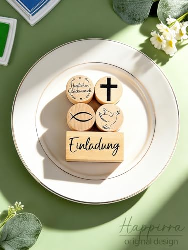 8-teiliges Stempelset für Einladung Taufe Kommunion Konfirmation & Firmung, 5 Holzstempel mit 3 Stempelkissen für Einladungskarten Scrapbooking & Geschenke zur Taufe Kommunion Konfirmation Firmung