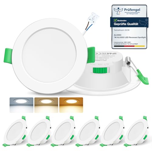 ALUSSO LED Einbaustrahler 230V 7W Dimmbar 68mm, IP44 Einbauleuchten Für Badezimmer Küche, 3000K/4000K/6500K Einbauspots, Rund Weiss 6er Set