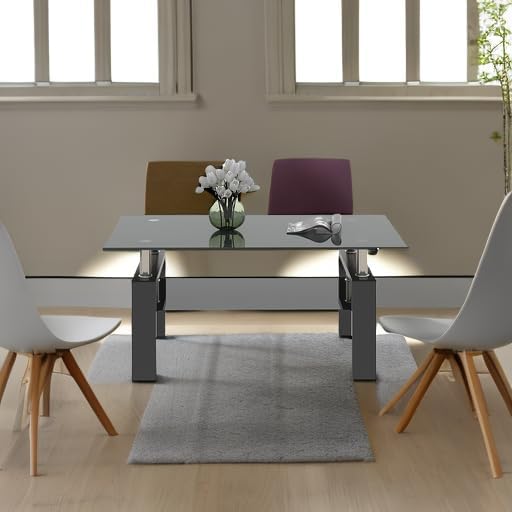 Miniatura 2 de Mesas de centro de cristal negro de 2 capas para sala de estar, mesa de sofá rectangular, mesa de centro contemporánea, con patas de metal negro,