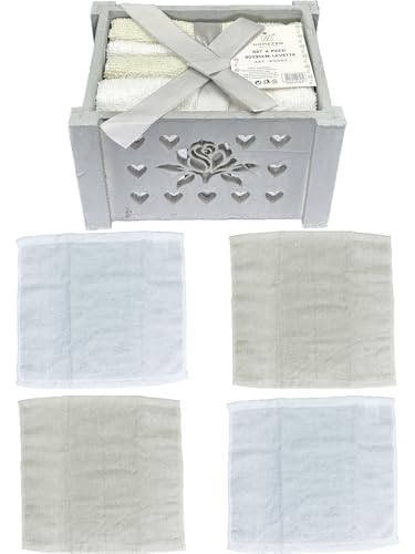 HOME ZEN HOUSEHOLD LINEN Panier en bois Shabby Chic avec 4 serviettes en coton, 30 x 30 cm, idée cadeau (gris rose)