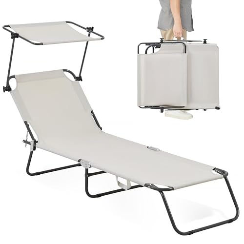 Folding Outdoor Lounge Chair with Canopy - Portable & Adjustable Beach Lounge Chair - 5 Positions, Carry Handles, 600D Fabric, 265 lbs Capacity – Tanning Chaise Lounge for Beach, Patio, Lawn